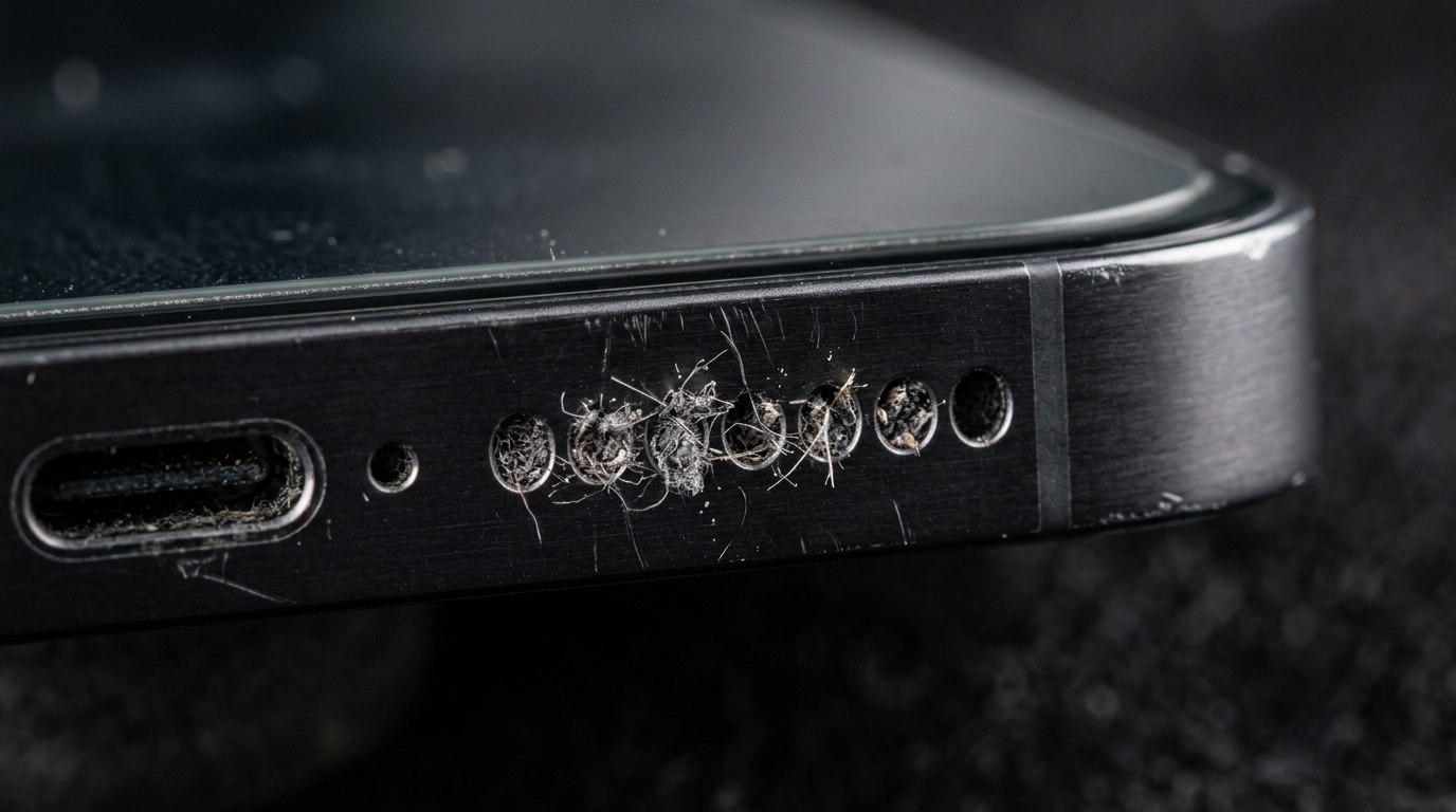 A macro, close-up shot of a dusty phone speaker