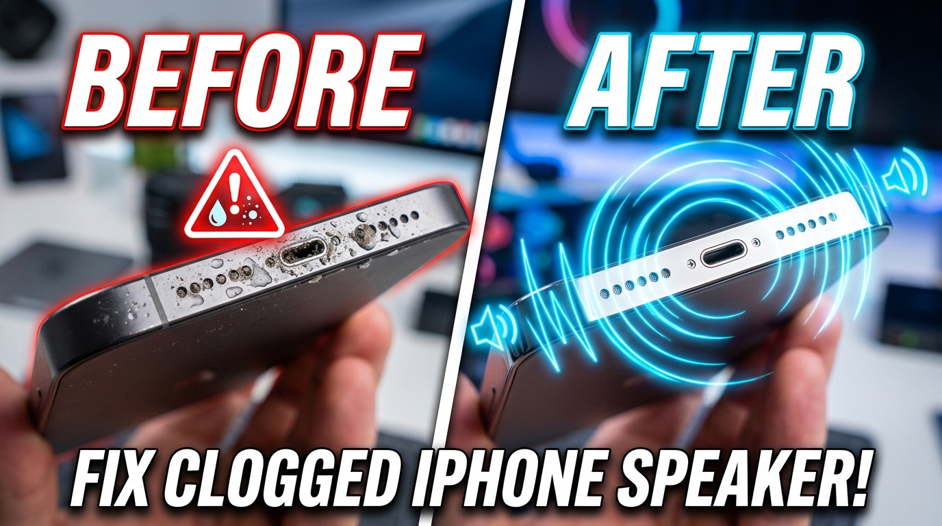 Split comparison thumbnail showing a clogged, water-damaged iPhone speaker on the left and a clean speaker emitting audio waves on the right.