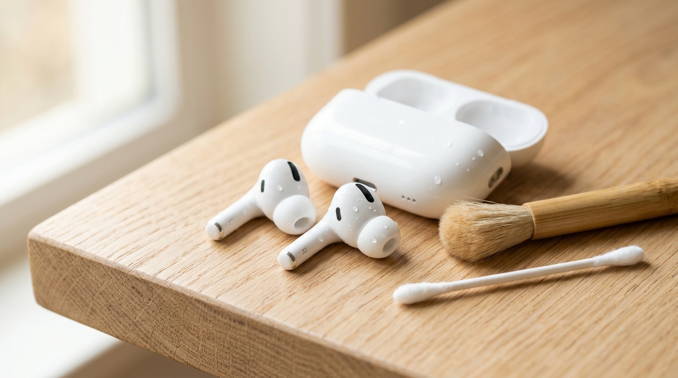 Cleaning water and debris from white wireless earbuds with a soft brush and cotton swab