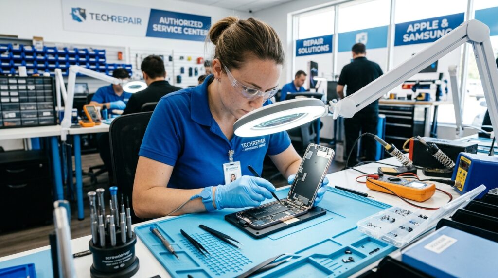 Does a Speaker Cleaner Tool Void Your Phone’s Warranty? What Apple, Samsung & Android Actually Say 3 Technician inspecting a Samsung Galaxy phone at an authorized service center for warranty assessment