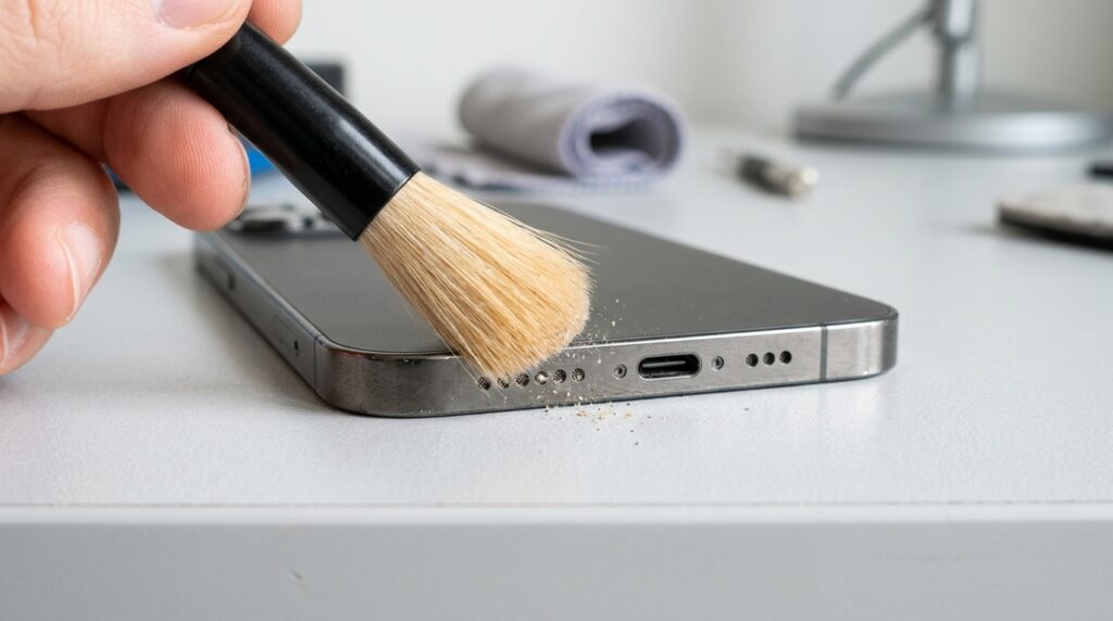 Soft brush gently cleaning dust from a smartphone speaker grille
