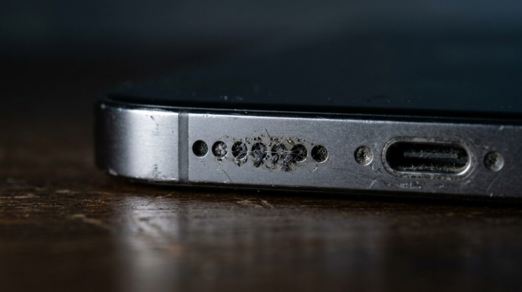 Close-up of a smartphone speaker grill showing signs of damage and debris