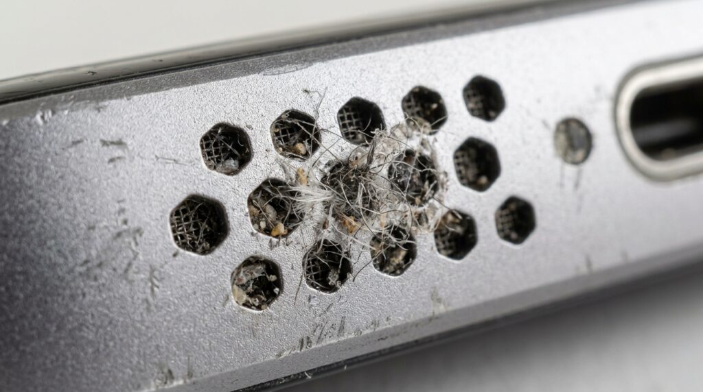 lose-up of dust and lint particles trapped in a smartphone speaker grille 