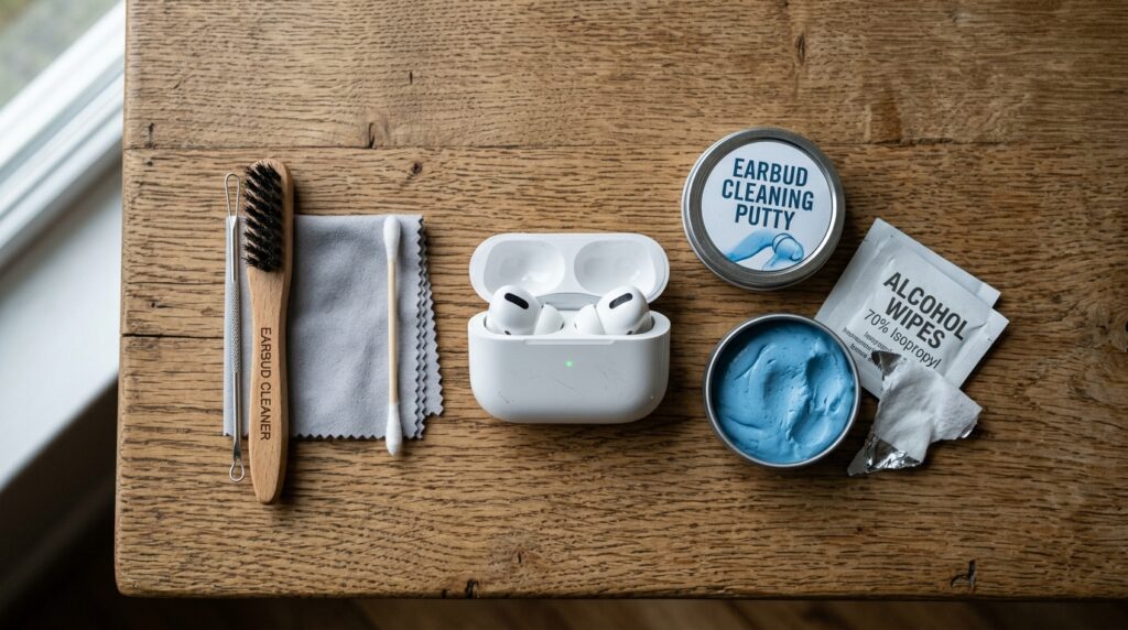 Flat lay of earbud cleaning tools including brush, cleaning putty, and alcohol wipes
