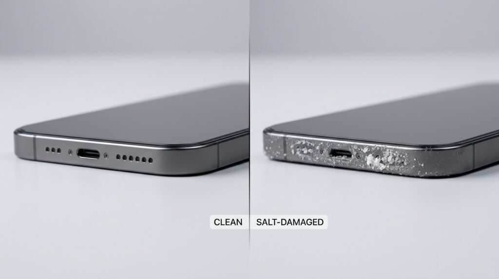 Side-by-side comparison of a phone speaker exposed to clean freshwater versus one exposed to salt crystals
