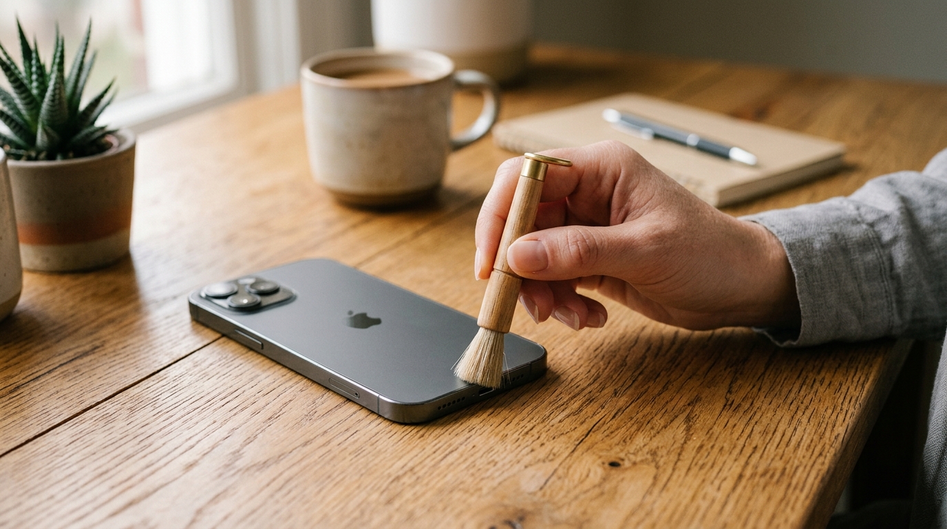 Close-up of a hand gently cleaning a smartphone speaker grille with a soft brush, representing a phone speaker maintenance routine