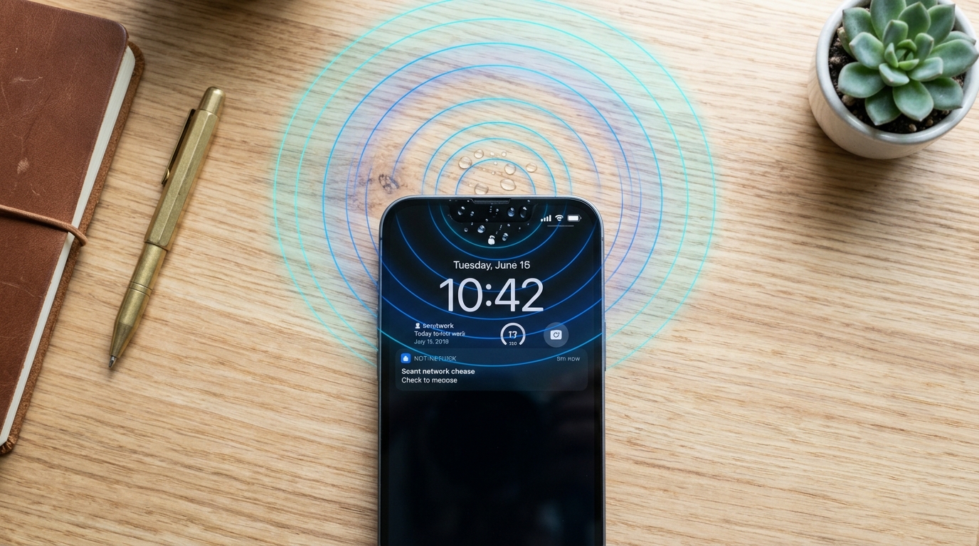 Wet iPhone speaker next to sound wave graphic illustrating the 165 Hz water eject method