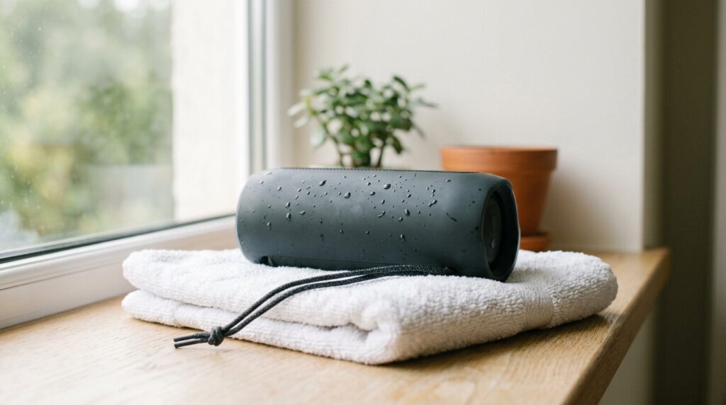 How to Clean a JBL or Bluetooth Speaker: The Complete Safe-Cleaning Guide 3 Cotton swab cleaning lint from the USB-C charging port of a portable Bluetooth speaker