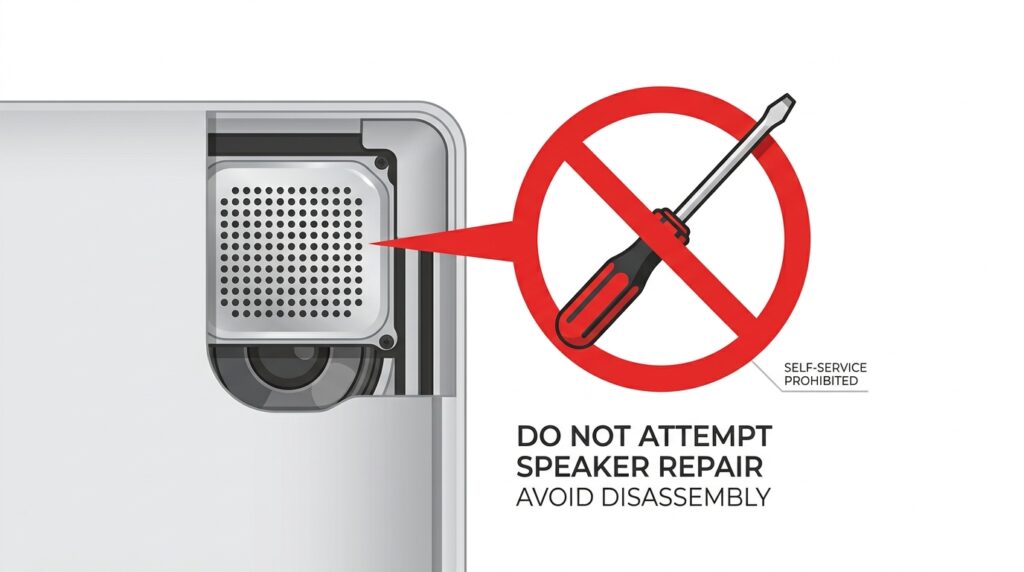 Warning illustration showing a screwdriver crossed out near a laptop speaker grille
