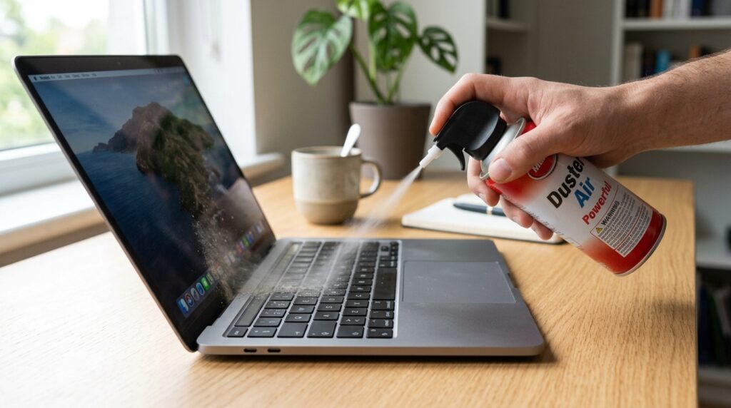Compressed air can held at an angle cleaning a MacBook speaker grille near the hinge
