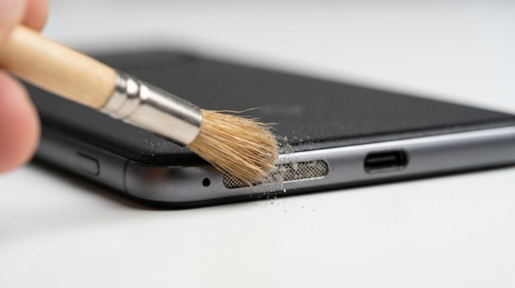 Soft bristled brush cleaning dust from an Android phone speaker grille 