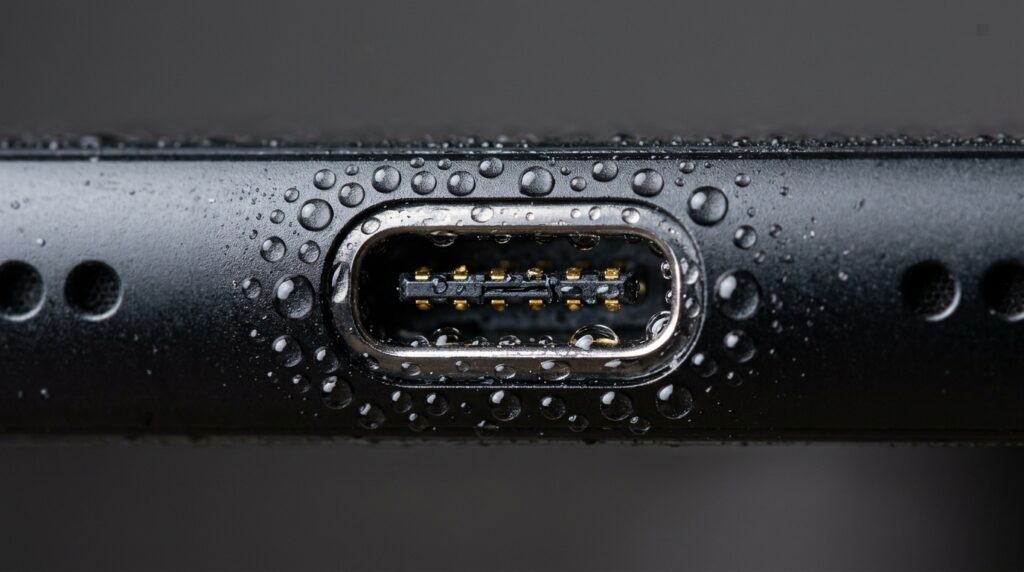Close-up of water droplets on a smartphone charging port before drying