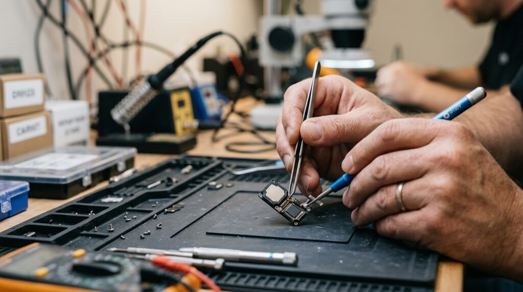 Repair technician inspecting an open phone speaker component at a workbench