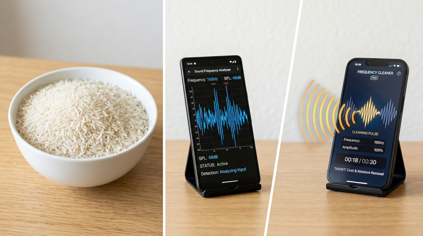 Split comparison of uncooked rice and a sound-wave speaker cleaner app being used on a wet smartphone