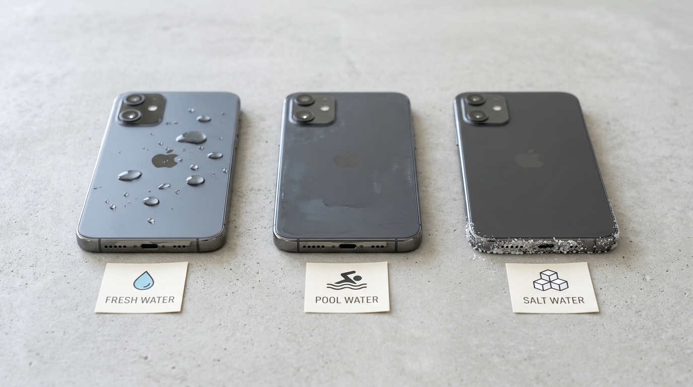 Three smartphones side by side showing different water damage risk levels from freshwater, pool water, and saltwater exposure