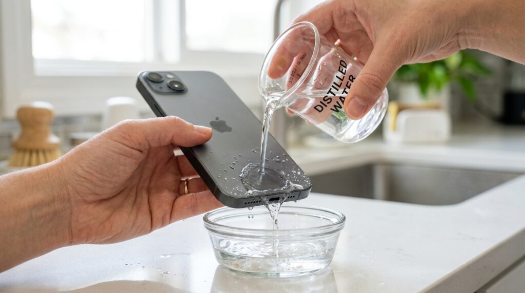 Hands gently rinsing a smartphone speaker area with distilled water after saltwater exposure 