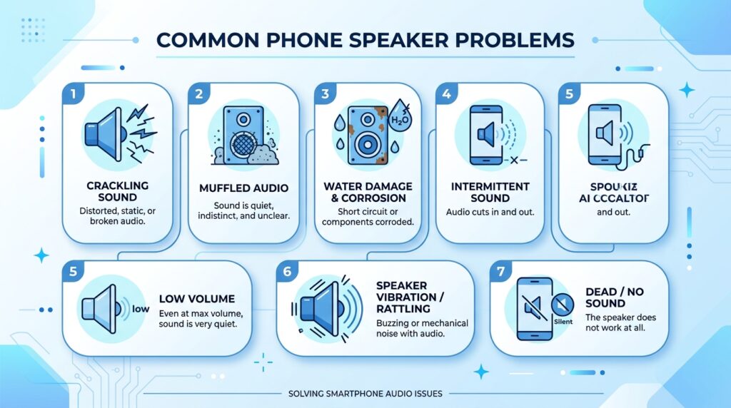 Infographic checklist illustrating seven warning signs of phone speaker damage