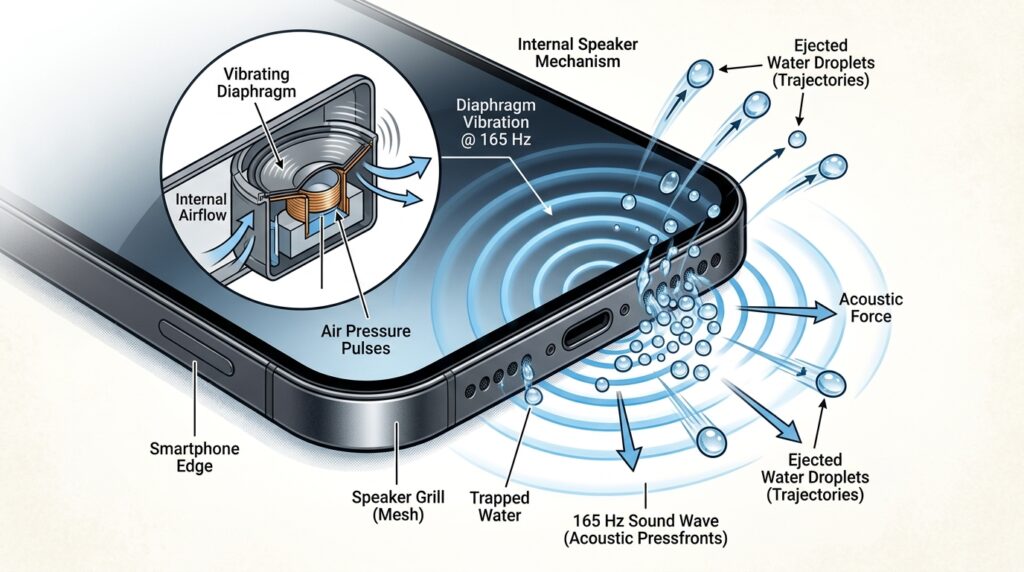 Best Free Speaker Cleaner Apps & Websites in 2026: Full Comparison Guide 2 Diagram showing a 165Hz sound wave ejecting water droplets from a phone speaker grill