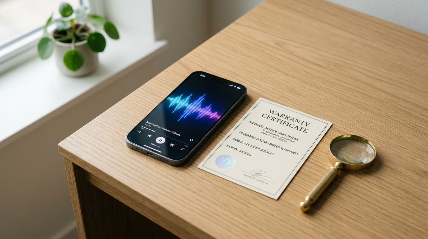 Smartphone displaying a sound wave speaker cleaning app next to a warranty card, symbolizing whether cleaning tools affect phone warranty