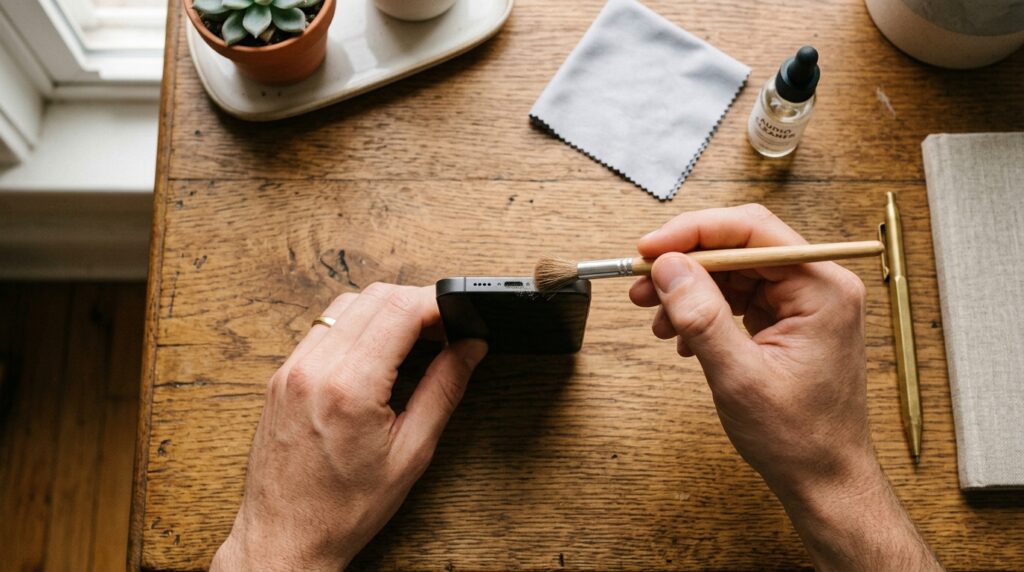 Hands gently cleaning a smartphone speaker grill with a soft brush as part of a maintenance routine