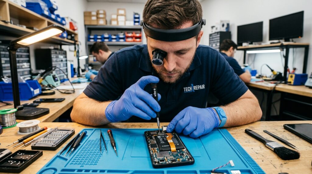 Best Free Speaker Cleaner Apps & Websites in 2026: Full Comparison Guide 4 Technician inspecting a smartphone speaker for physical water damage after cleaning attempts failed