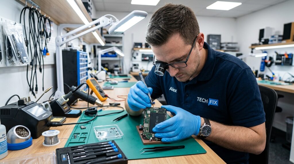 Phone repair technician inspecting a corroded charging port under magnification 
