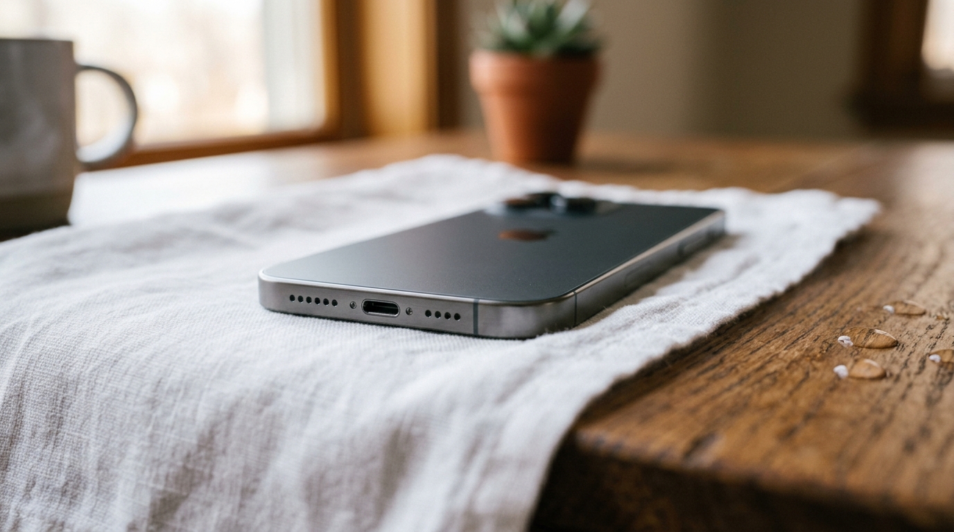 Smartphone lying port-down on a cloth to air-dry a wet charging port